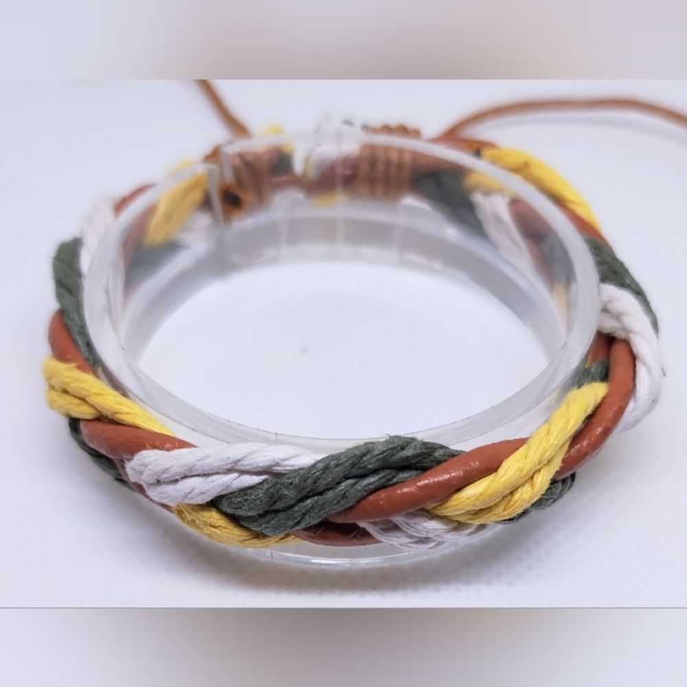 New leather bracelet braided brown yellow‎ white men's e91